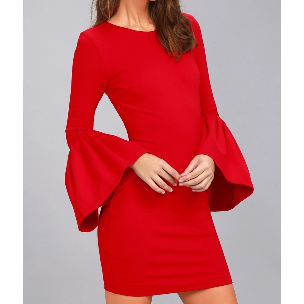 Lulus Double Flair Bodycon Dress Womens M Red Long Sleeve Mini Romantic Glam